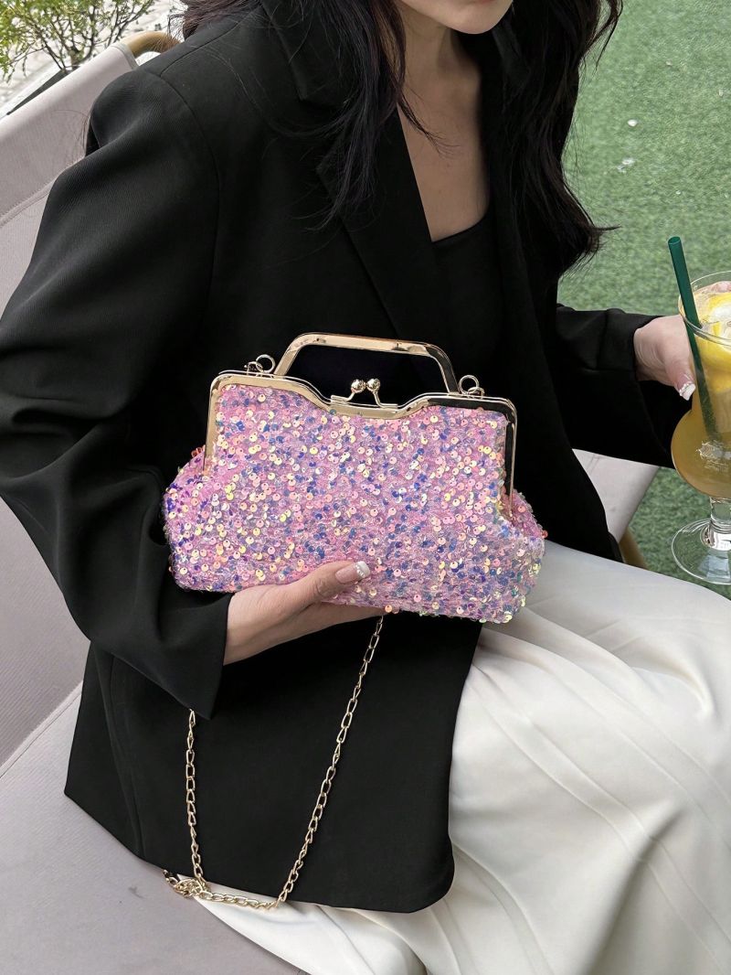 Sequin Box Bag Kiss Lock Chain