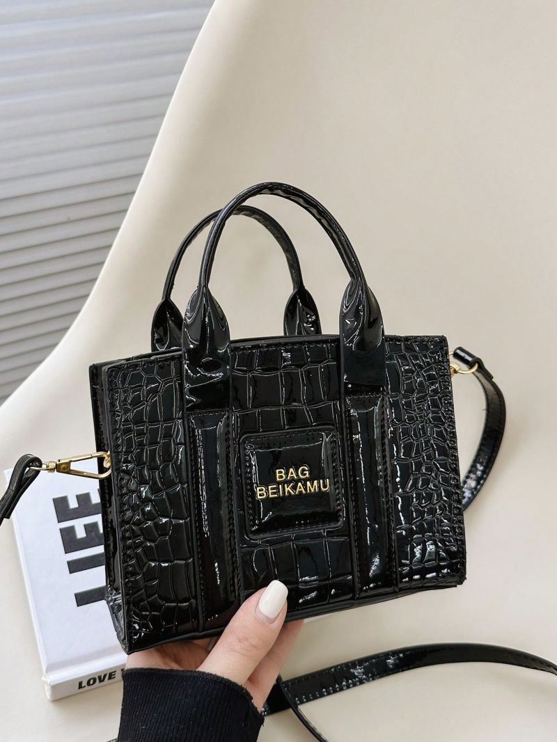 Mini Square Bag Crocodile Embossed Letter Graphic Black