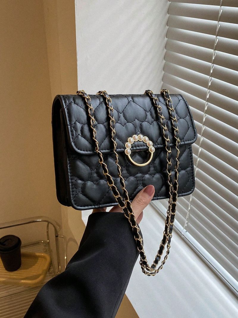 Mini Square Bag Quilted Faux Pearl Decor Chain Strap