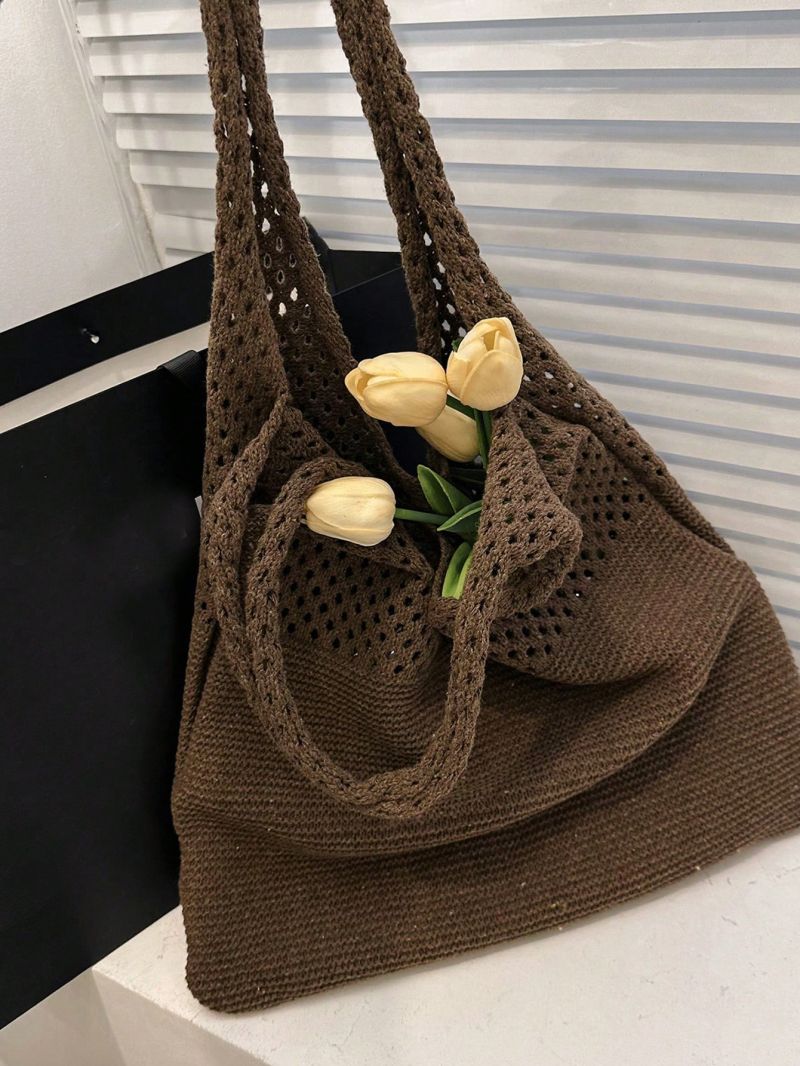 Medium Crochet Bag Brown Hollow Out Double Handle For Vacation