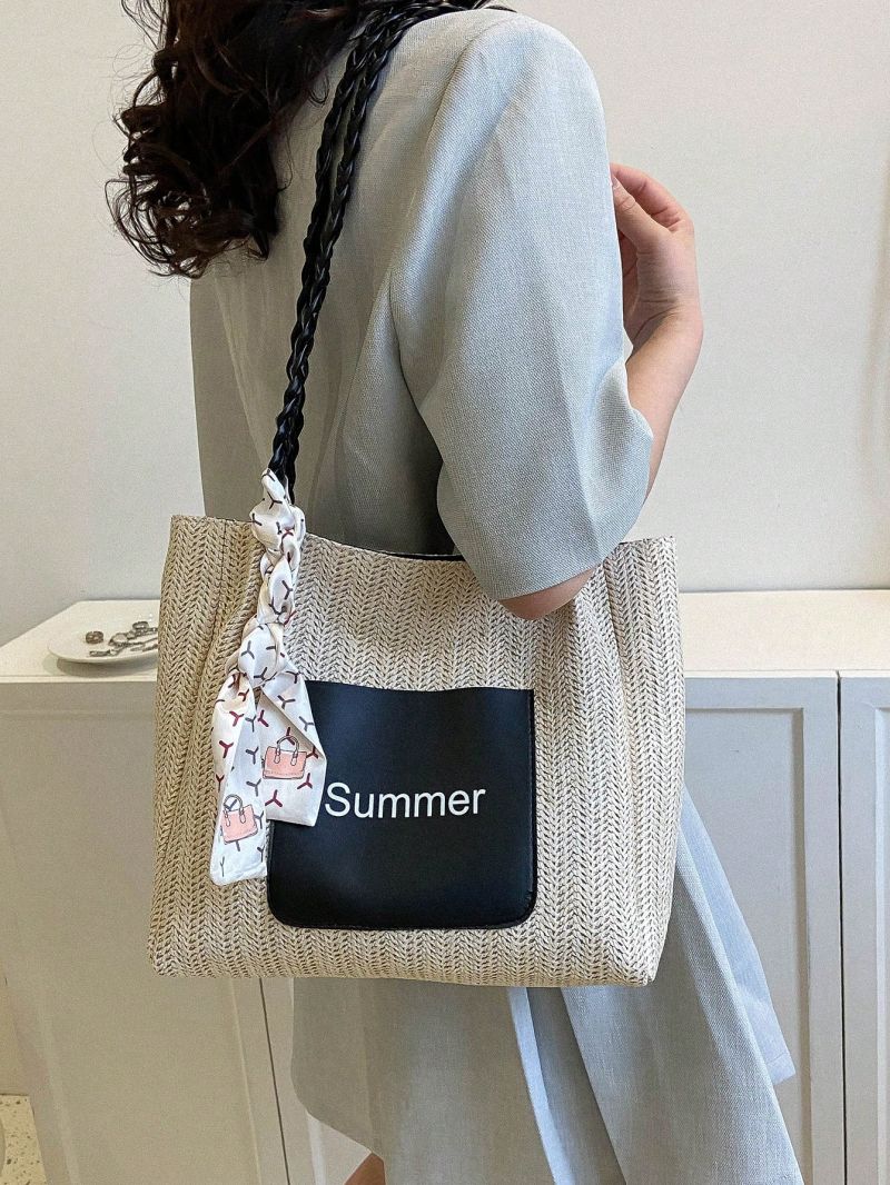 Letter Graphic Straw Bag Twilly Scarf Decor Braided Detail Double Handle Vacation