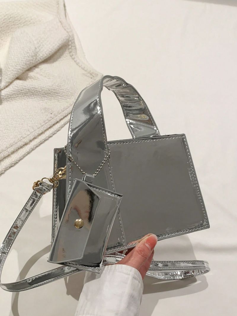 Top Handle Square Bag Zipper With Coin Purse Metallic PU Funky