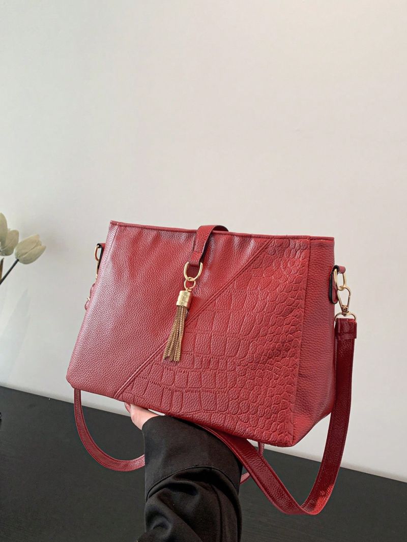 Neon Red Square Bag Tassel Decor Adjustable-strap PU