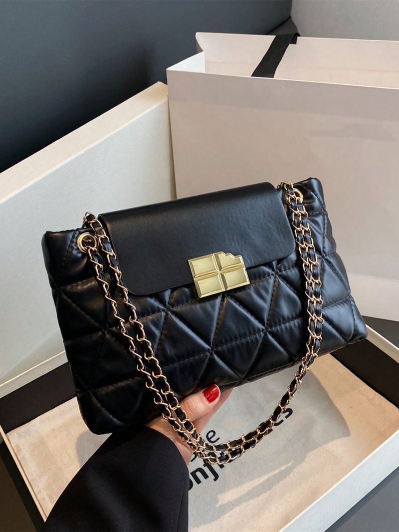 PU Square Bag Quilted Pattern Chain Black