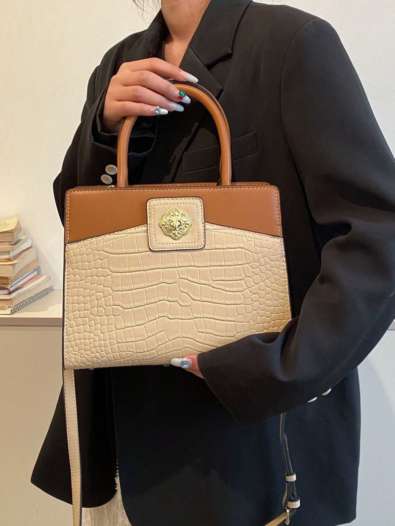 Medium Square Bag Two Tone Crocodile Embossed Double Handle Twist Lock