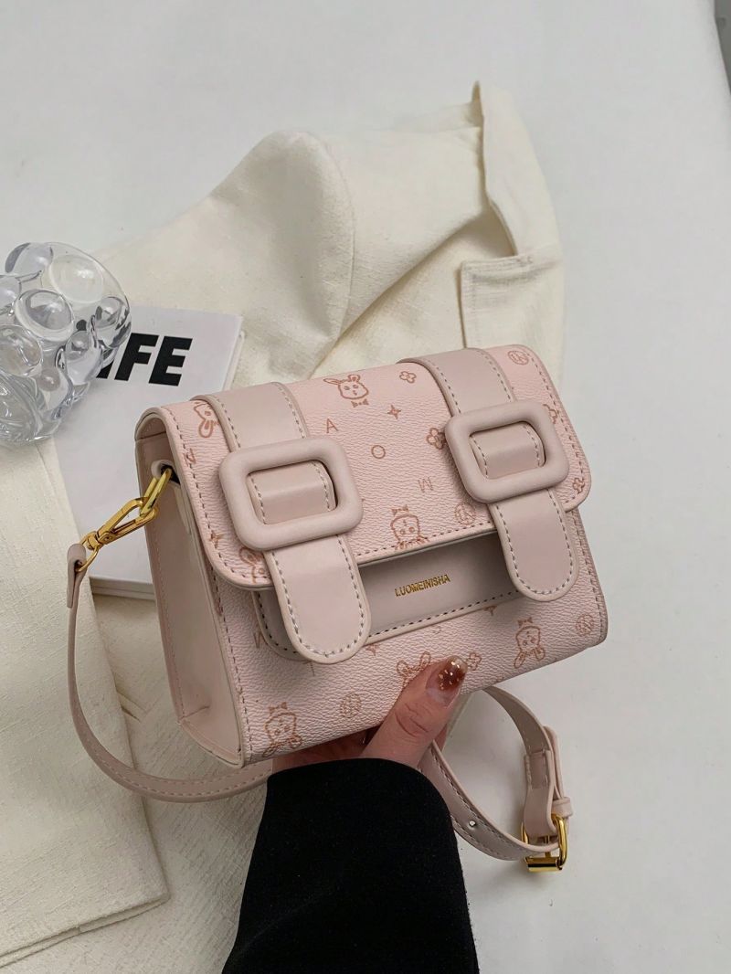 Mini Square Bag Floral & Letter Graphic Buckle Decor Flap PU