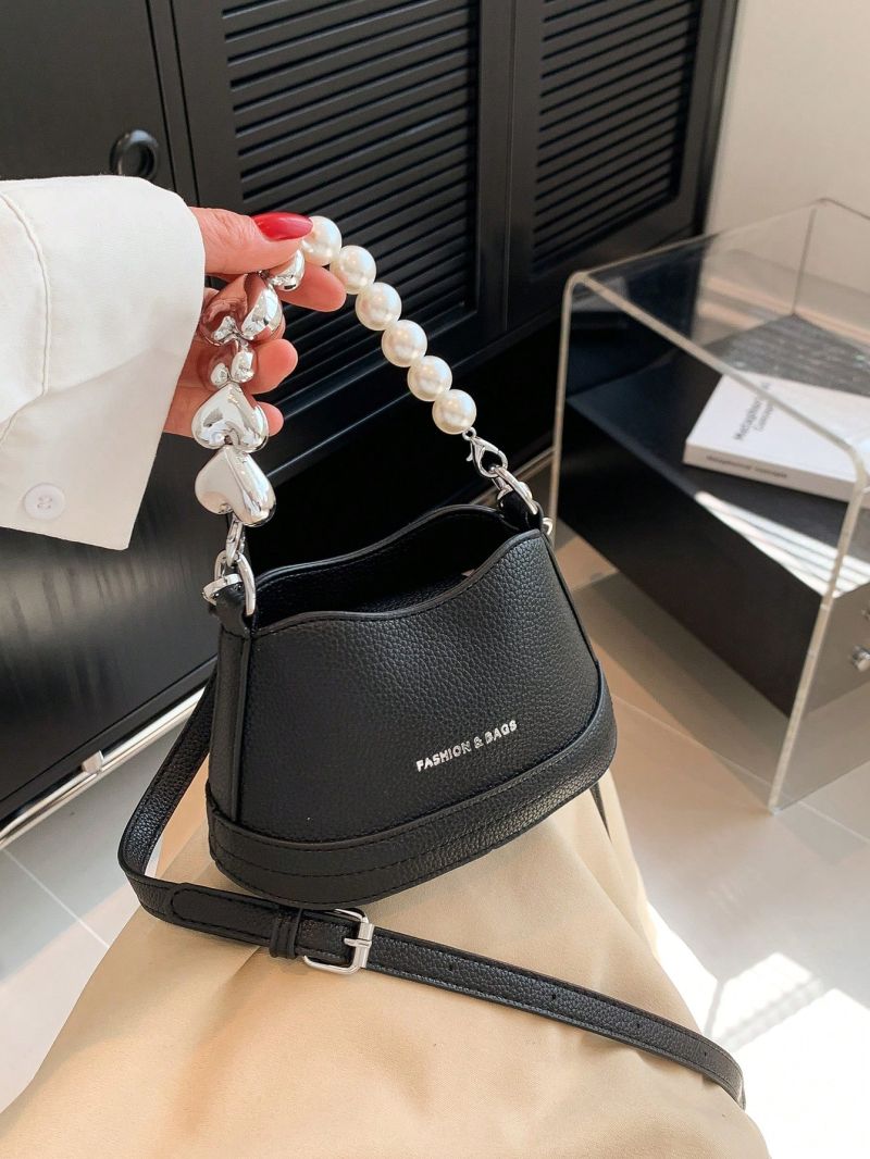 Mini Bucket Bag Letter Detail Faux Pearl Decor