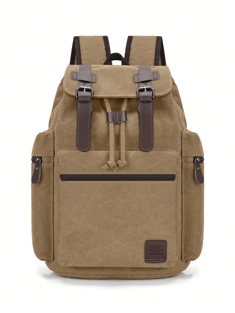 Vintage Flap Backpack Buckle Decor Drawstring Design Letter Patch Decor