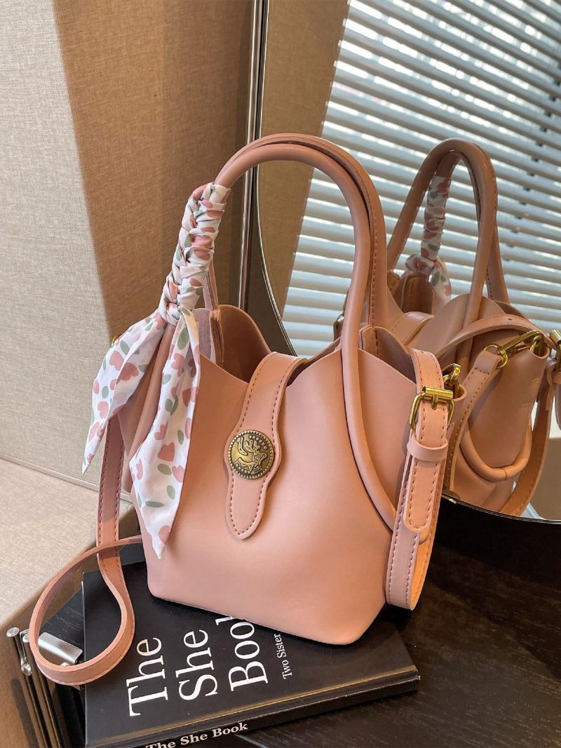 Mini Bucket Bag With Inner Pouch Fashionable Twilly Scarf Decor PU