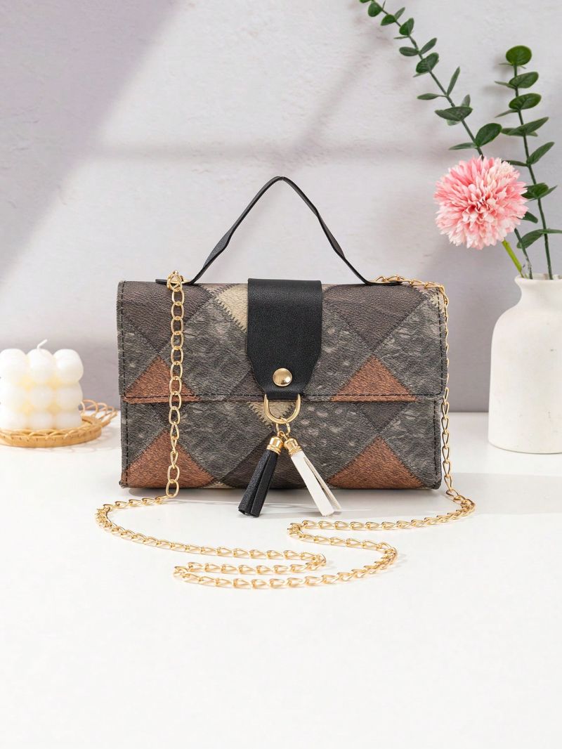 Small Flap Square Bag Colorblock Tassel Decor