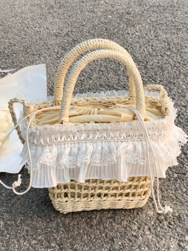 Lace Decor Straw Bag Small Double Handle Vacation