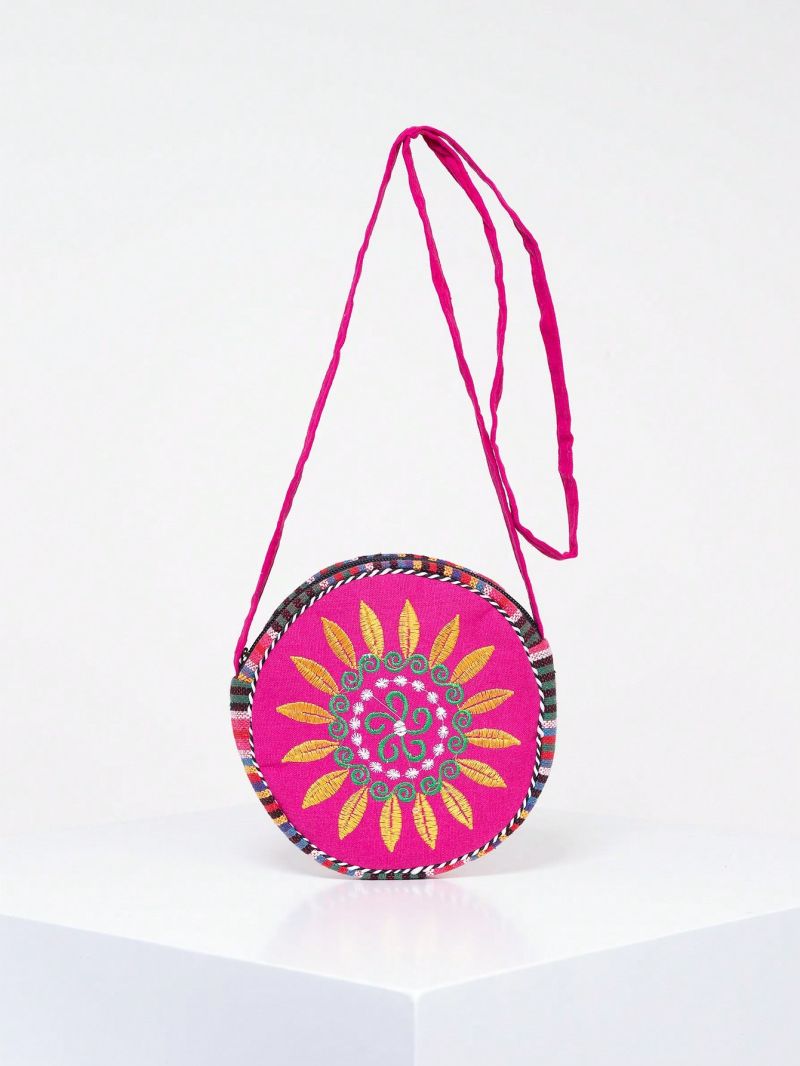 Vintage Mini Circle Bag Flower Embroidery Colorblock Adjustable Strap