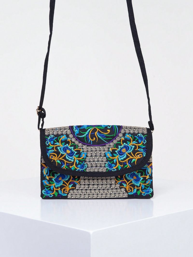 Vintage Small Envelope Bag Flower Embroidery Adjustable Strap