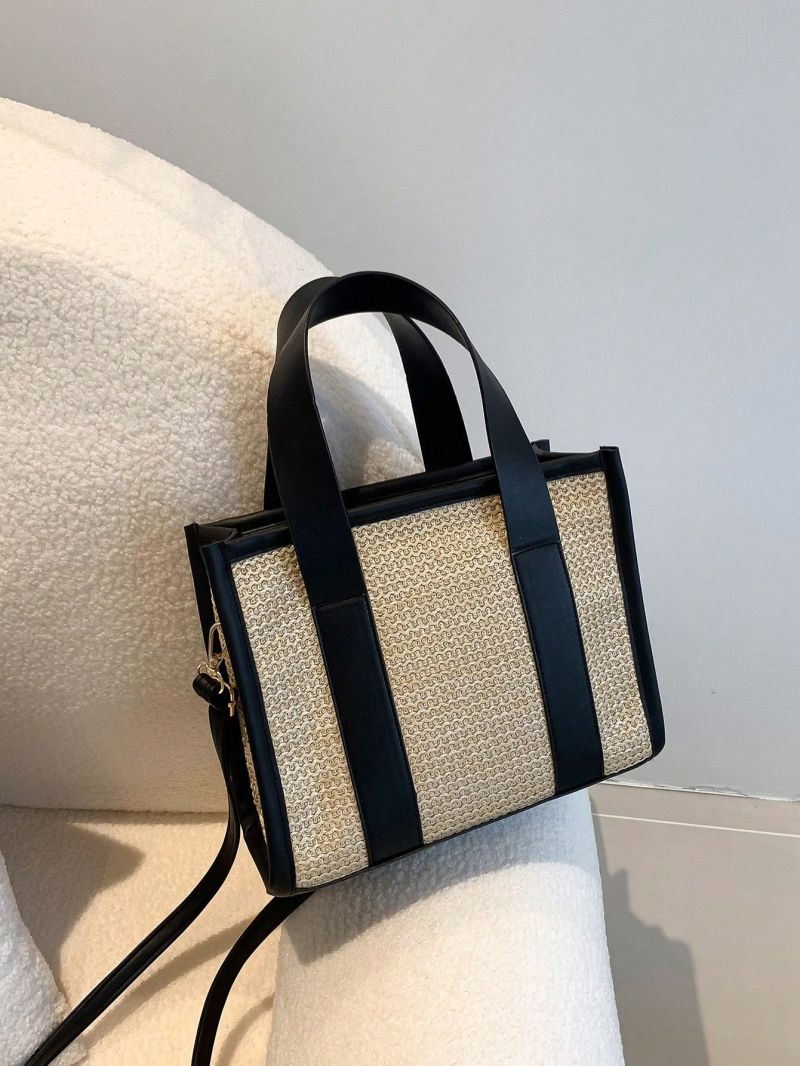 Color Block Straw Bag Double Handle Zipper