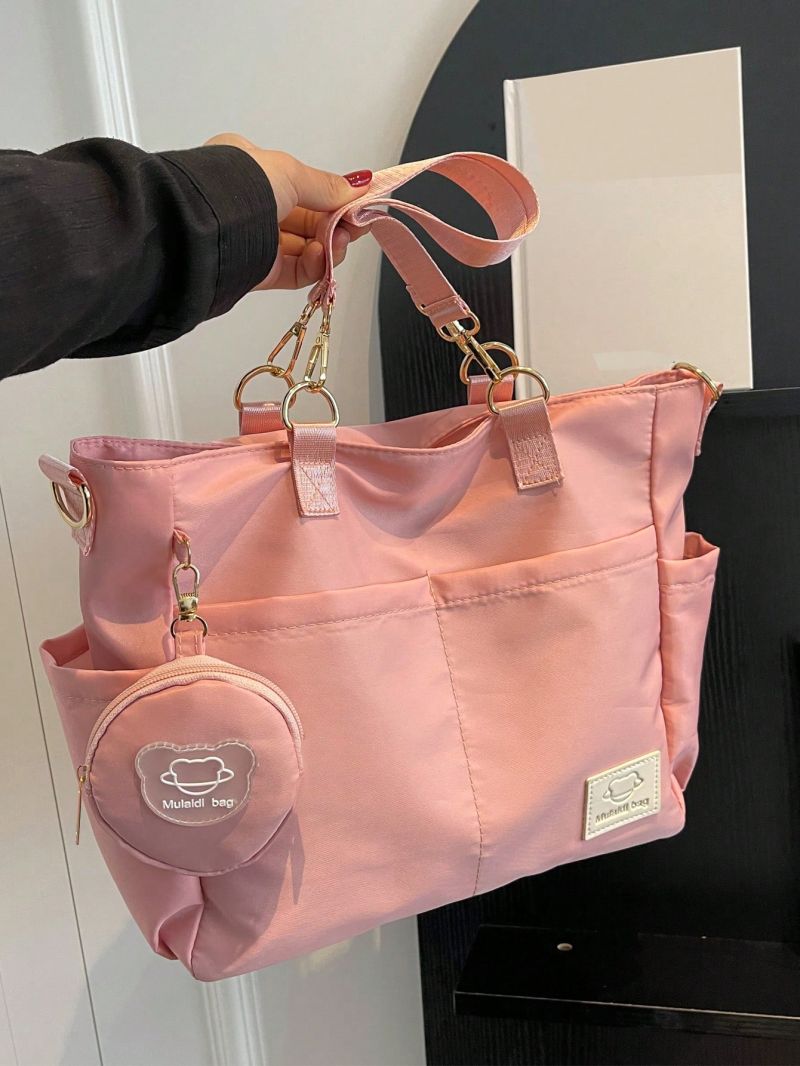 Letter Patch Shoulder Tote Bag Pocket Front Double Handle With Coin Purse For Daily