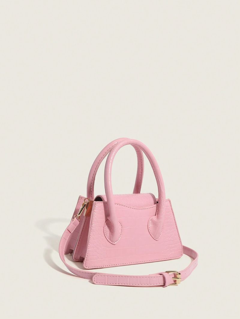 Mini Crocodile Embossed Pink Double Handle Square Bag for Women