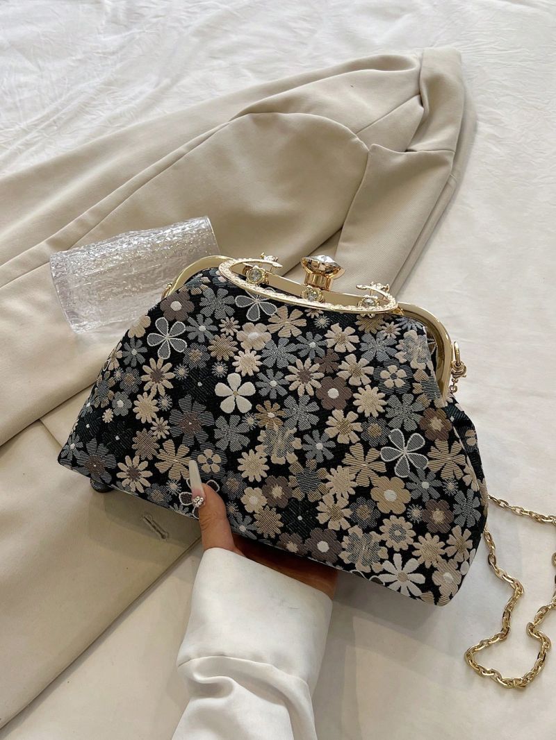 Medium Square Bag Floral Pattern Rhinestone Decor