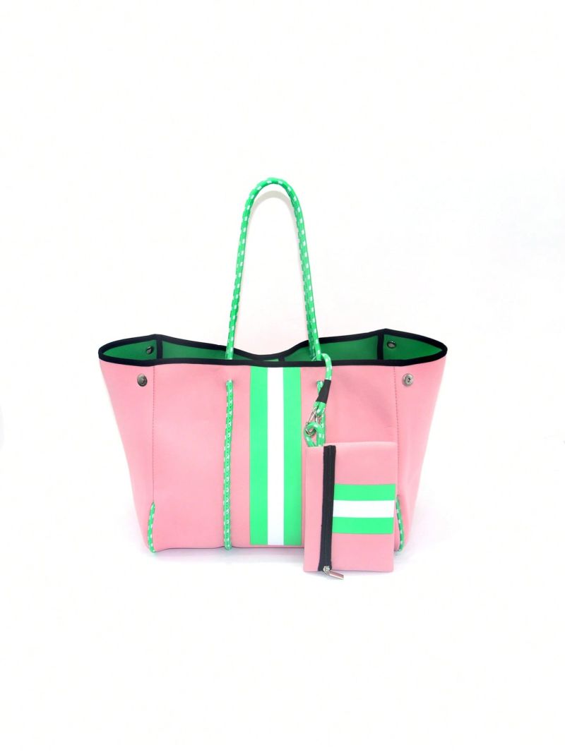 Striped Pattern Shopper Bag Colorblock Studded Decor With Coin Purse