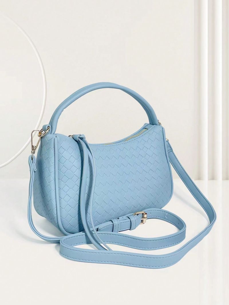 Braided Design Hobo Bag Small Zipper Blue