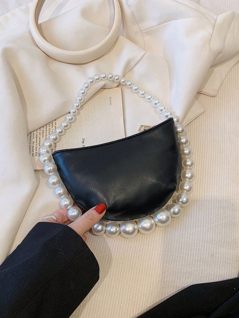 Faux Pearl Beaded Hobo Bag Mini Top Handle Black