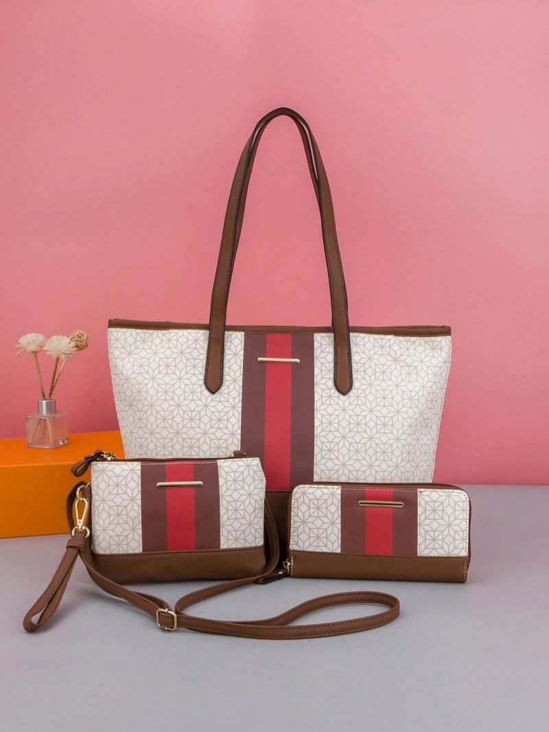 3pcs Bag Set Shoulder Tote Bag Square Bag Long Wallet Geometric Pattern, Best Work Bag For Women