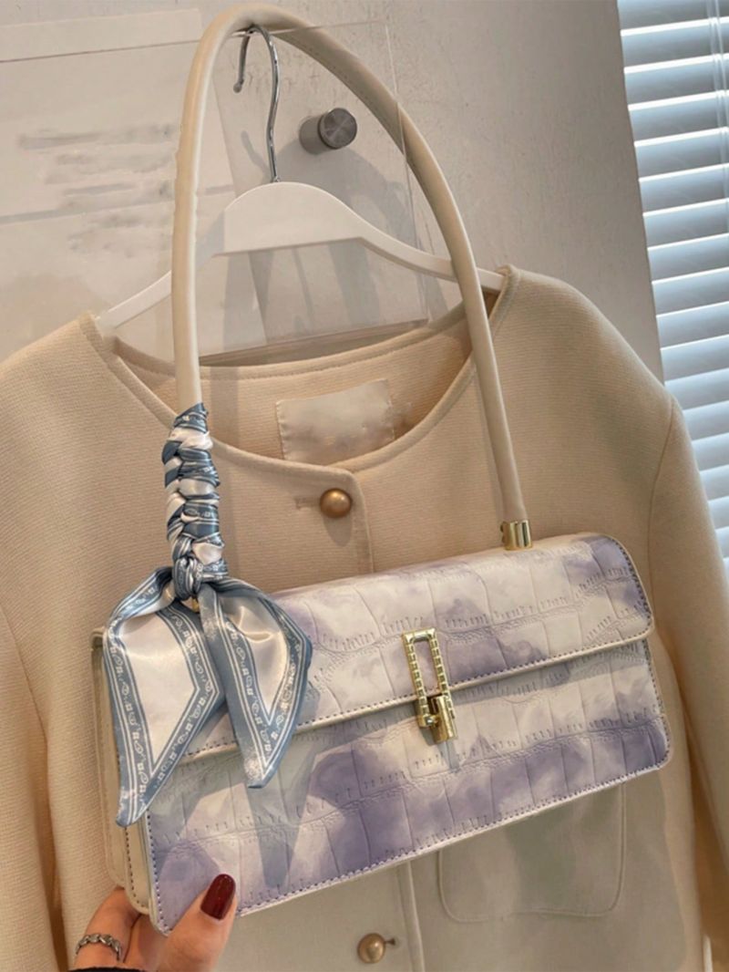 PU Baguette Bag Twilly Scarf Decor Crocodile Embossed