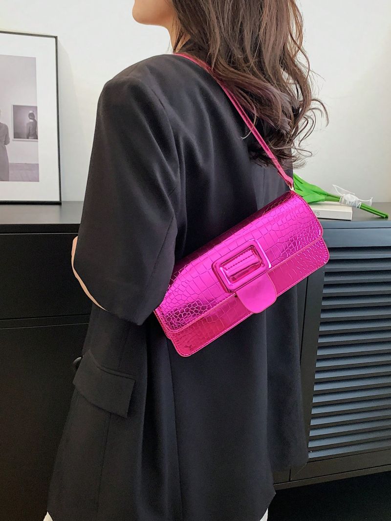 Crocodile Embossed Buckle Detail Baguette Bag Black Fashion