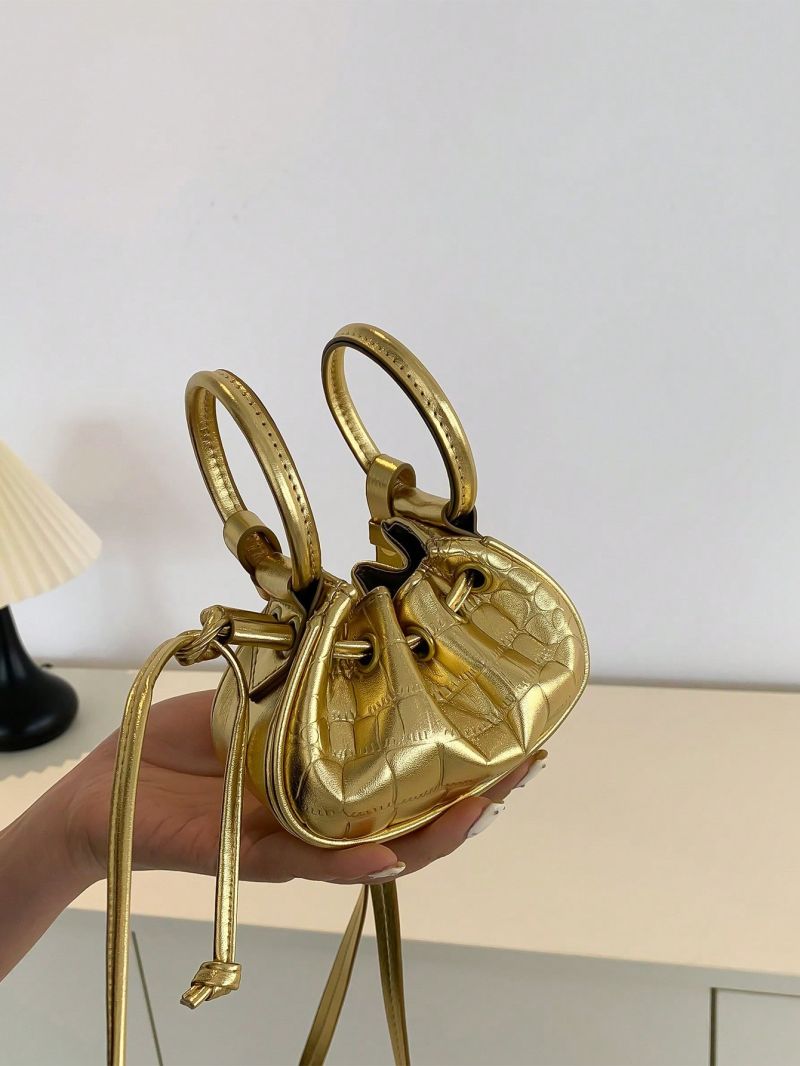 Mini Novelty Bag Crocodile Embossed Drawstring Double Handle Metallic PU Funky