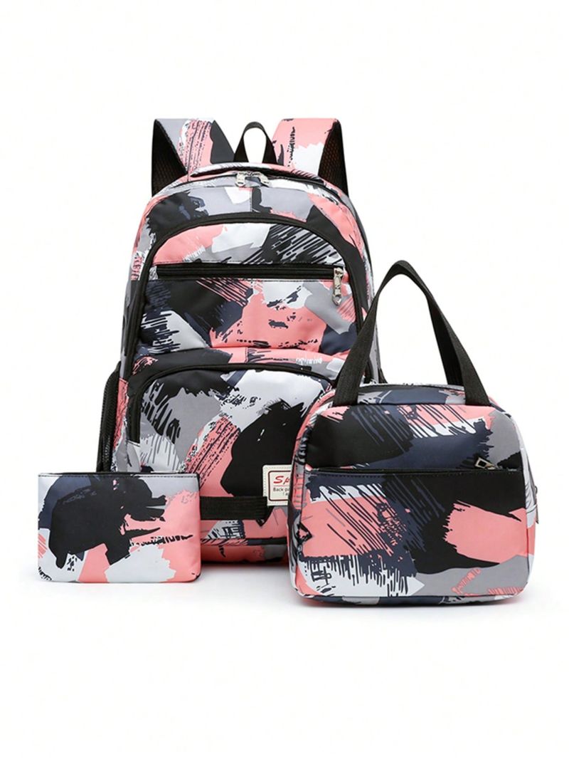 3pcs Colorblock Letter Patch Decor Functional Backpack Set