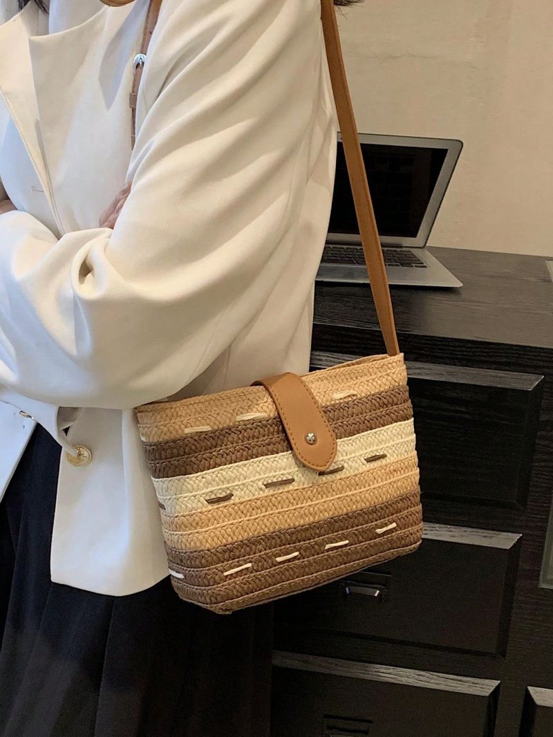 Colorblock Straw Bag Small Zipper Snap Button Vacation