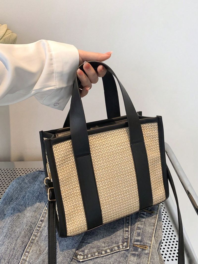 Small Zipper Straw Bag Vacation Braided Detail Adjustable-strap