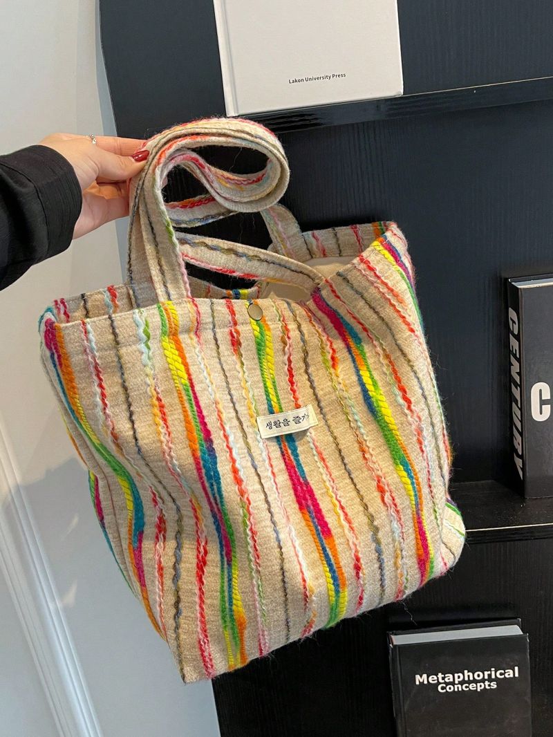 Medium Tote Bag Colorblock Letter Patch Decor Double Handle