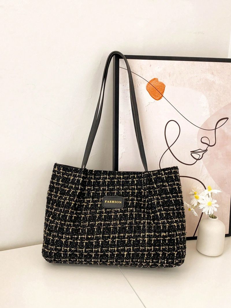Letter Patch Shoulder Tote Bag Plaid Pattern Double Handle For Work