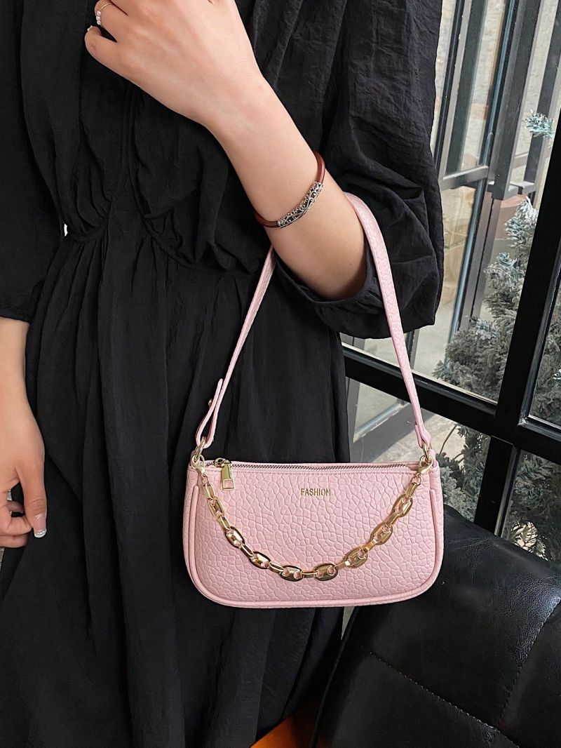 Litchi Embossed Hobo Bag Baby Pink Chain Decor