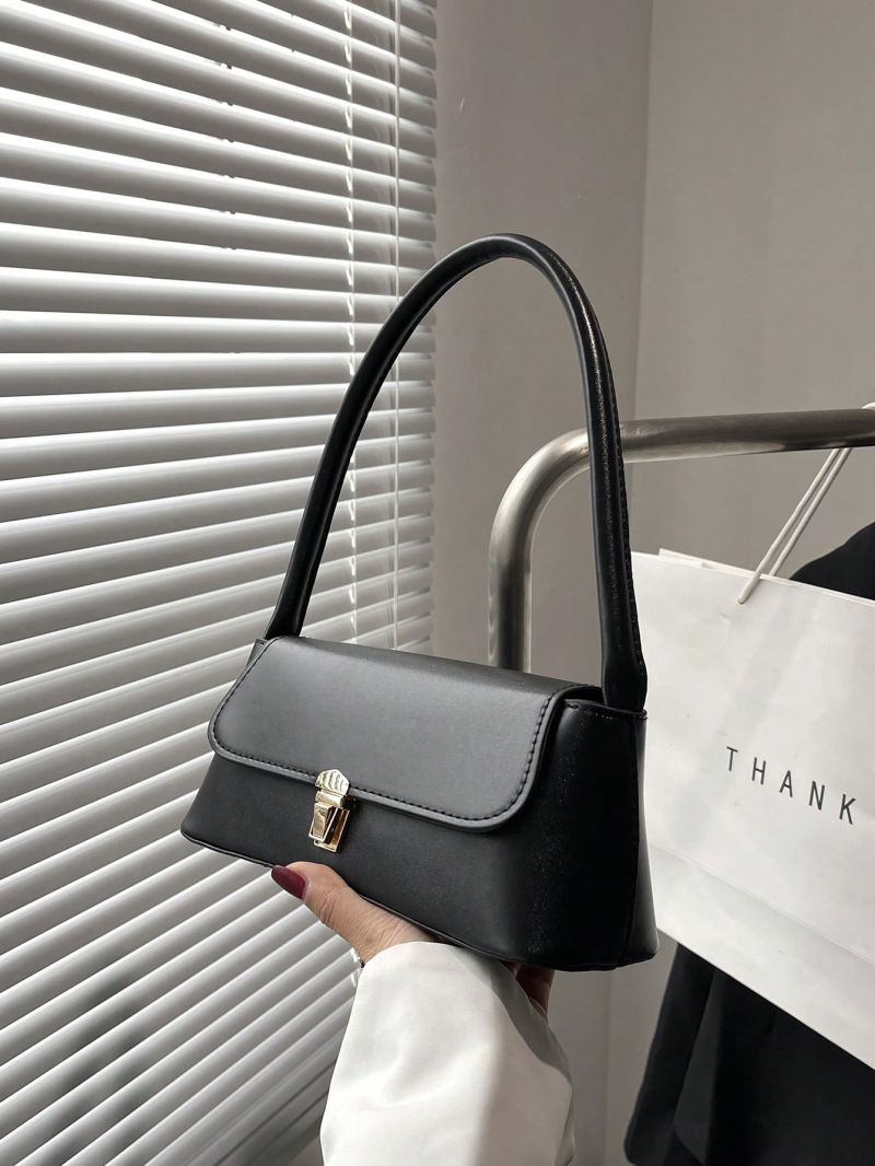Small Baguette Bag Solid Color Push Lock Flap