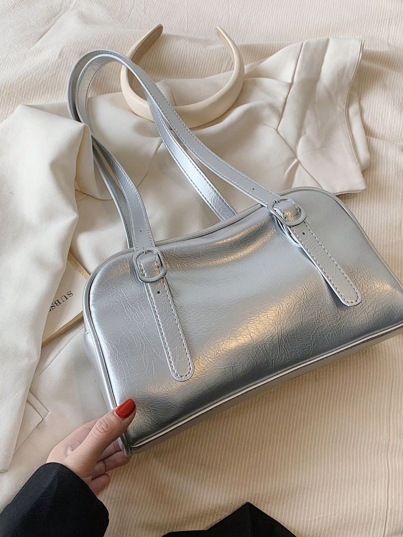 Minimalist Shoulder Bag Medium Buckle Decor Black