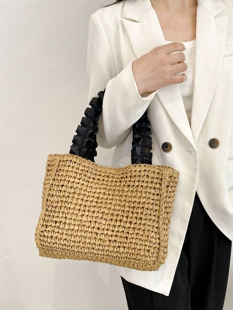Vacation Double Handle Straw Bag Khaki