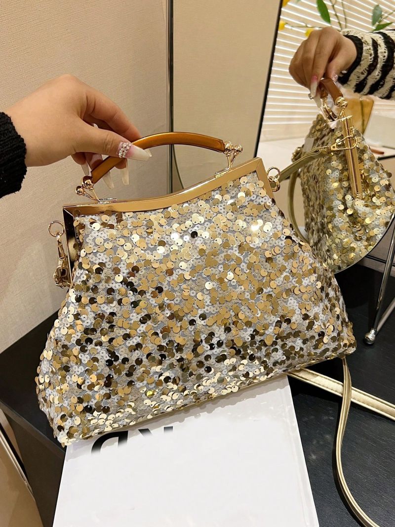 Sequin Decor Dome Bag Glamorous Top Handle, Perfect Bride Purse For Wedding, Prom & Party Events