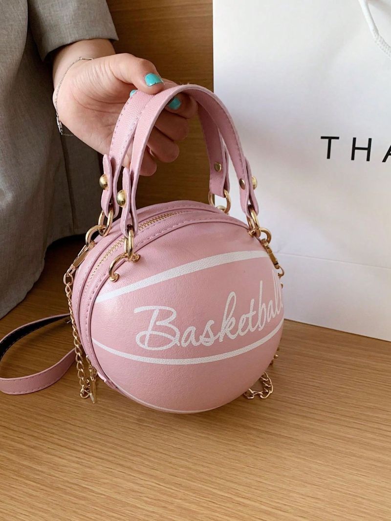 Mini Letter Graphic Basketball Design Circle Bag, Fashion Chain Shoulder Round Purse, Hand Zipper Bag
