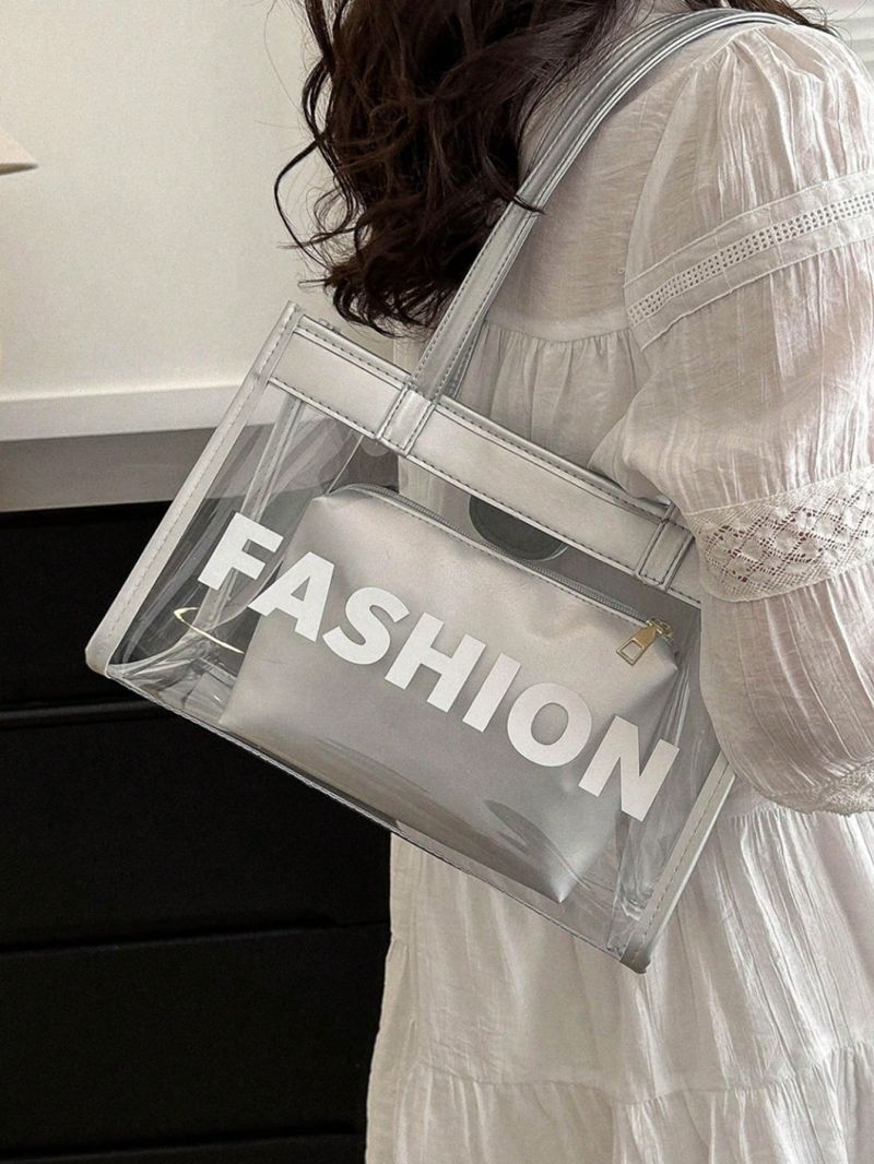 Clear Bag, Letter Graphic Shoulder Tote Bag With Inner Pouch PVC Waterproof
