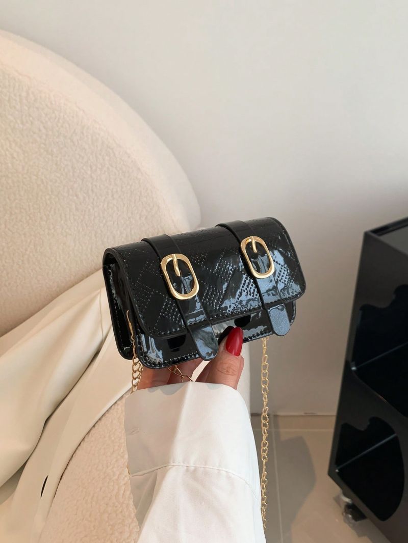 Minimalist Square Bag Mini Flap Buckle Decor Black