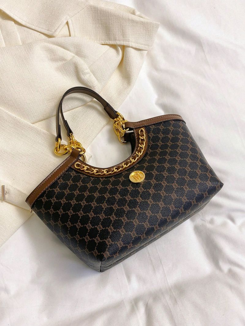 Geometric Pattern Top Handle Bag Small Chain Decor, Clear Bag