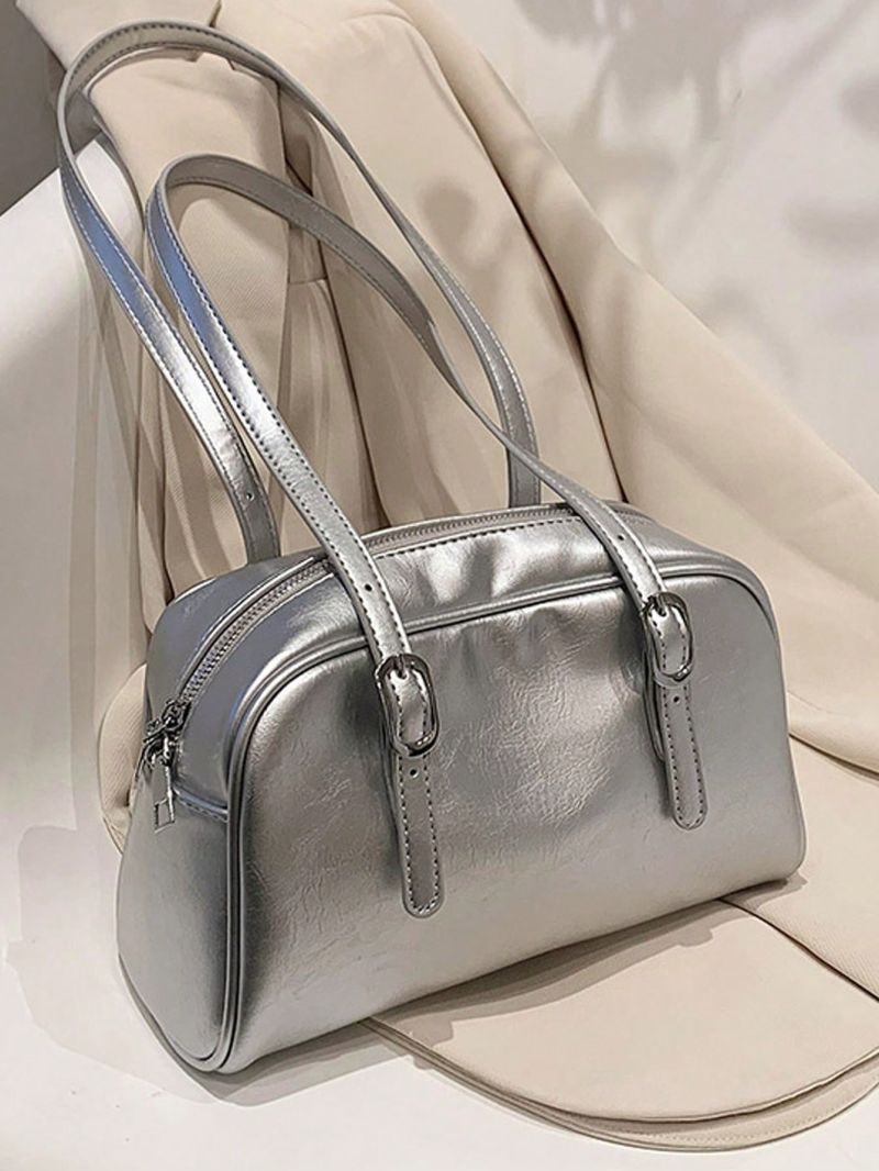 Buckle Decor Dome Bag Double Handle Fashion Silver