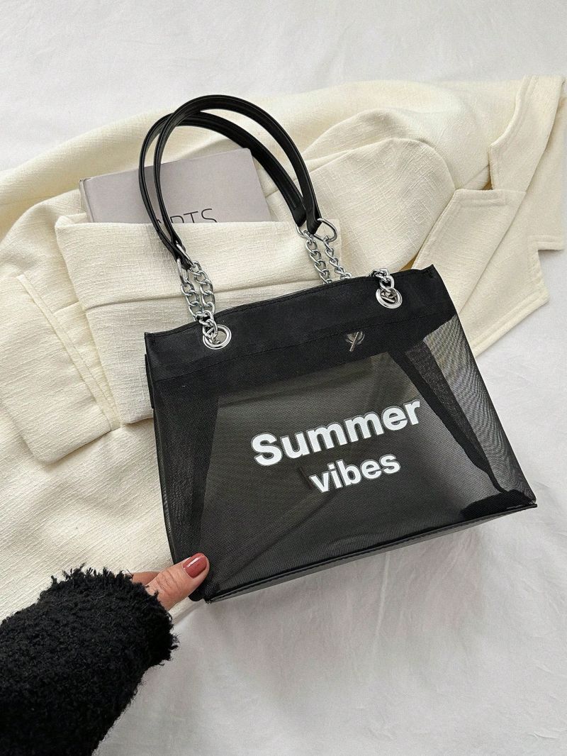 Small Square Bag Letter Print Double Handle, Clear Bag
