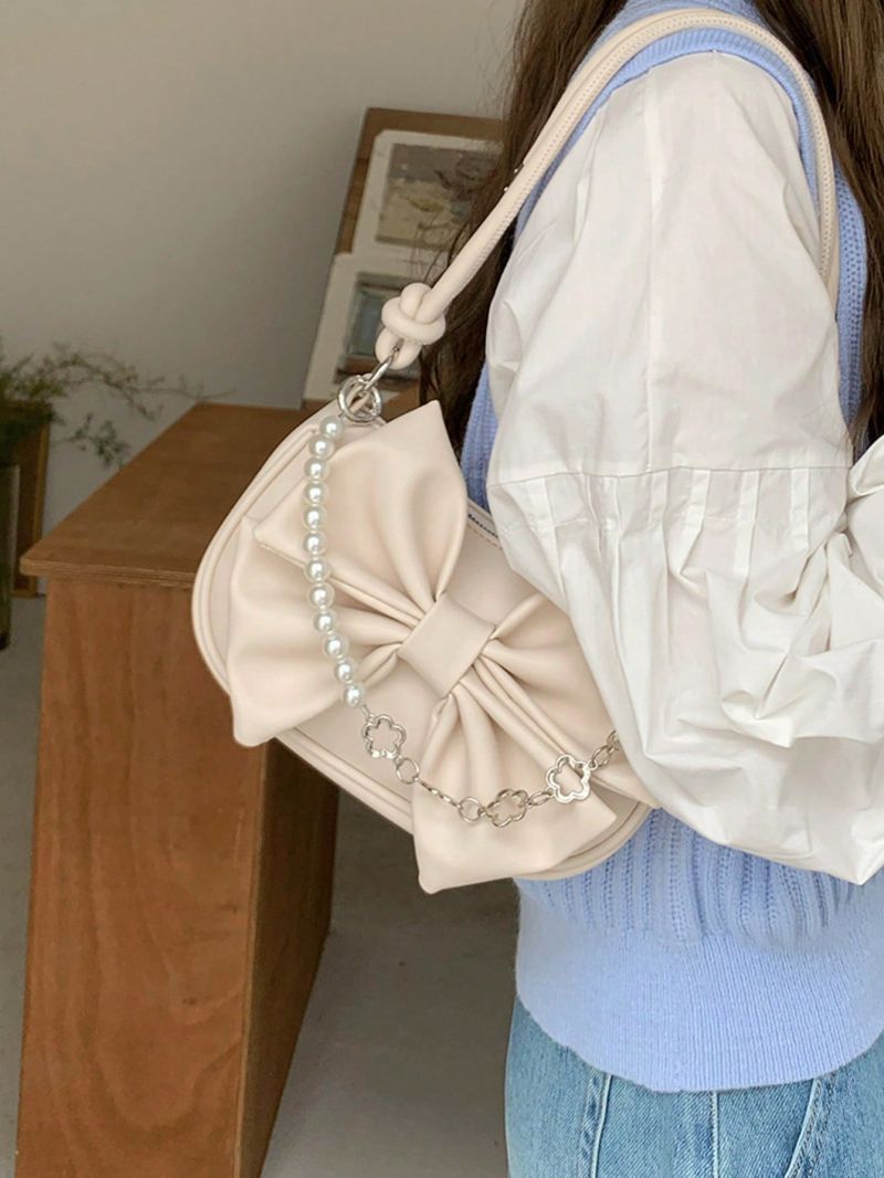 Small Shoulder Bag Bow Design Faux Pearl & Chain Decor Solid Color
