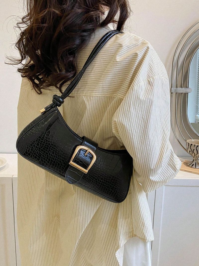 Crocodile Embossed Buckle Detail Baguette Bag Fashion Black