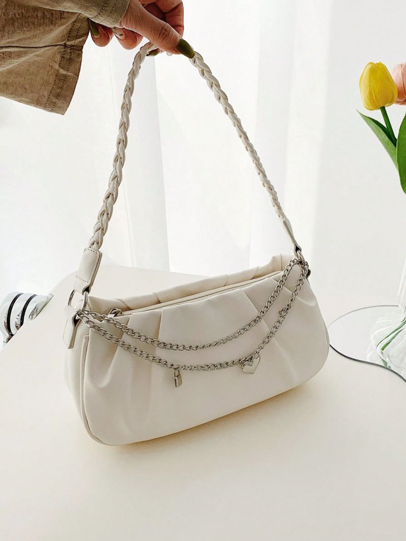 Heart & Chain Detail Ruched Bag Fashion White