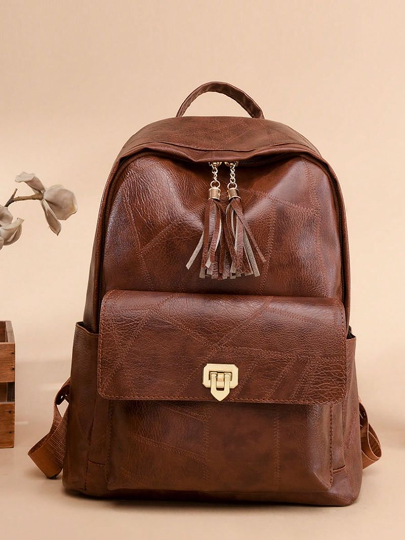 Minimalist Classic Backpack Medium Tassel Decor Brown