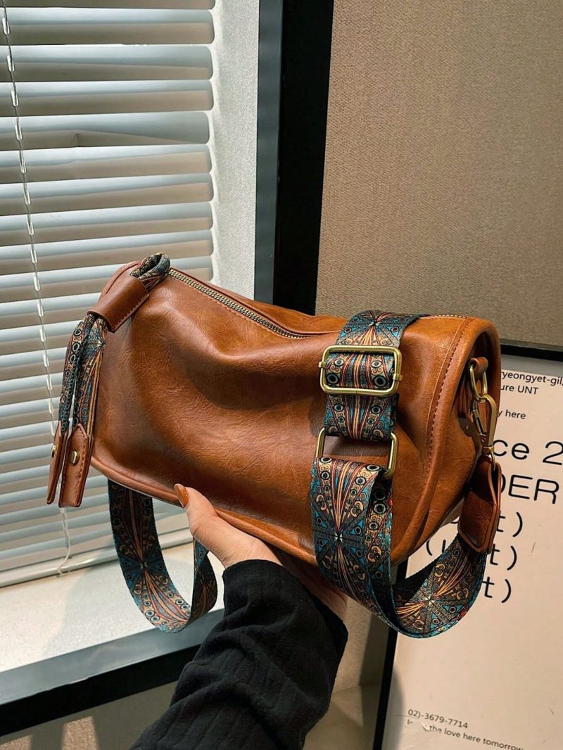 Graphic Pattern Zipper Crossbody Bag, Stylish Shoulder Bag With Wide Strap, Large Capacity Daily