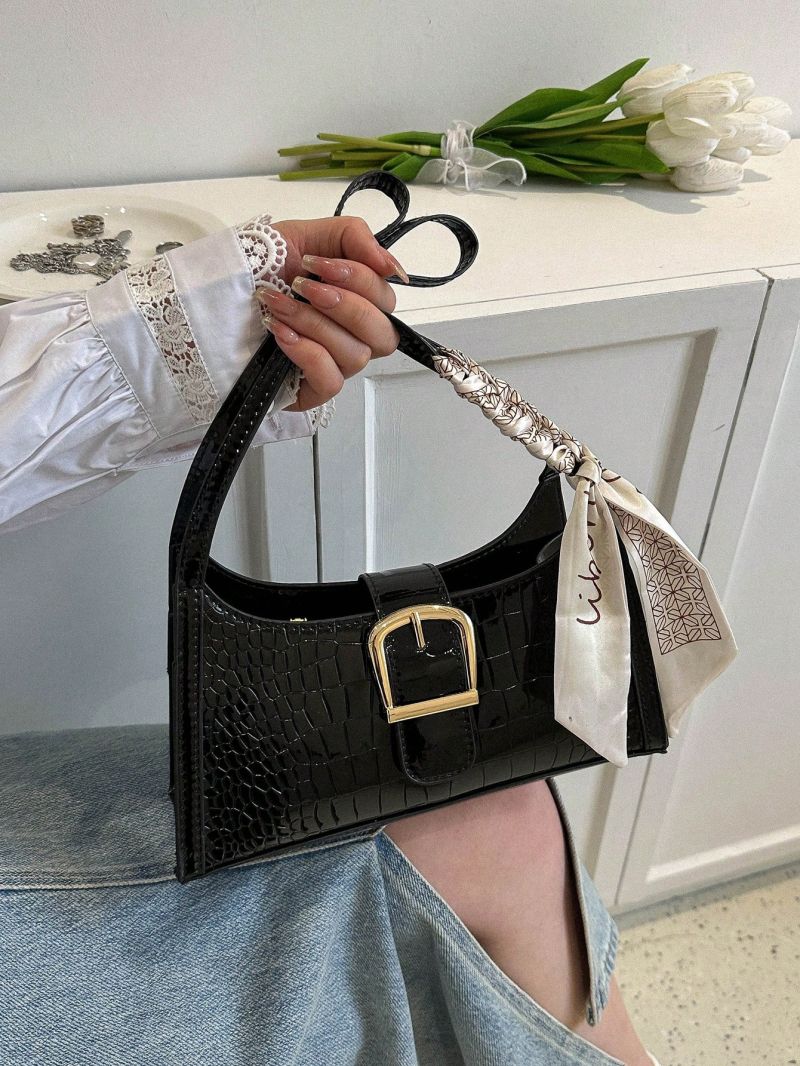 Crocodile Embossed Baguette Bag Buckle & Twilly Scarf Decor For Daily